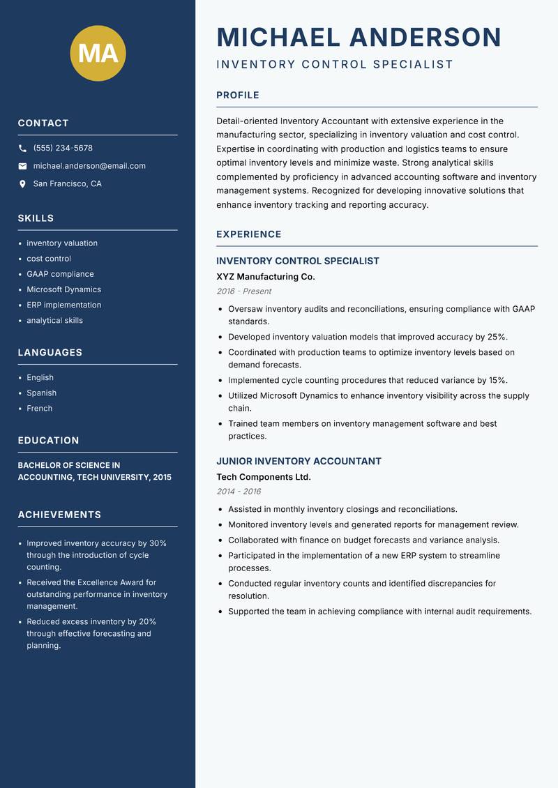 Inventory Accountant Resume Preview Example