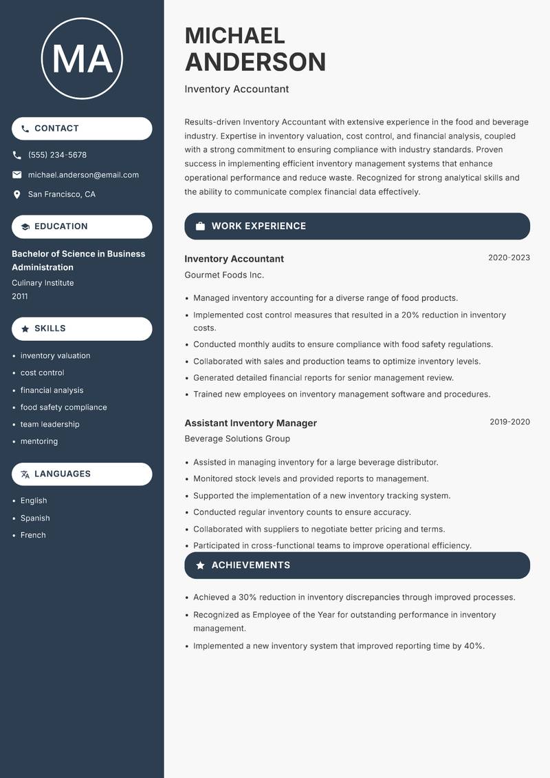 Inventory Accountant Resume Preview Example