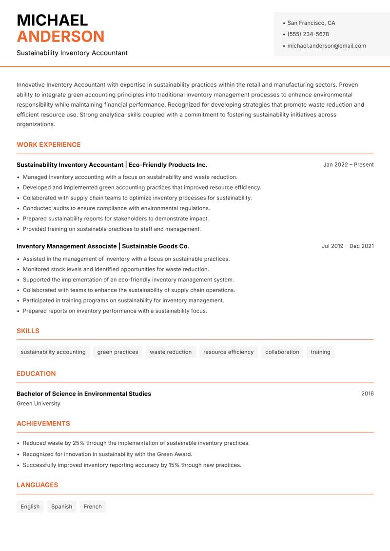 Inventory Accountant Resume Template