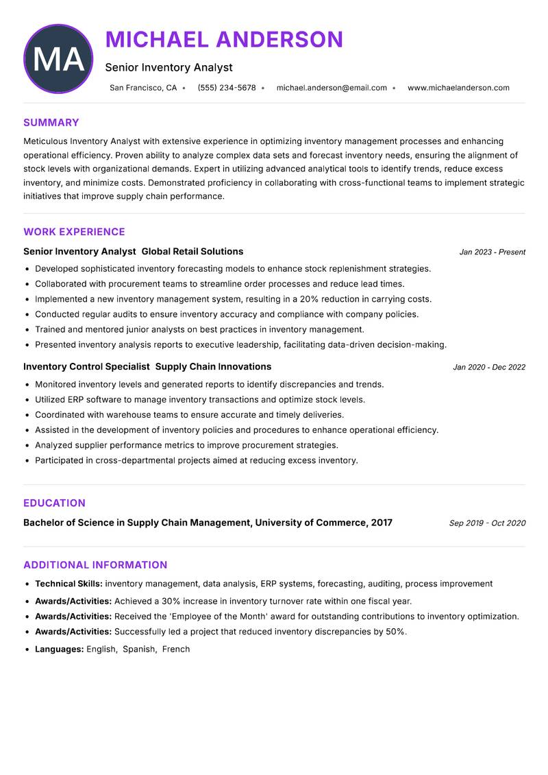 Inventory Analyst Resume Preview Example