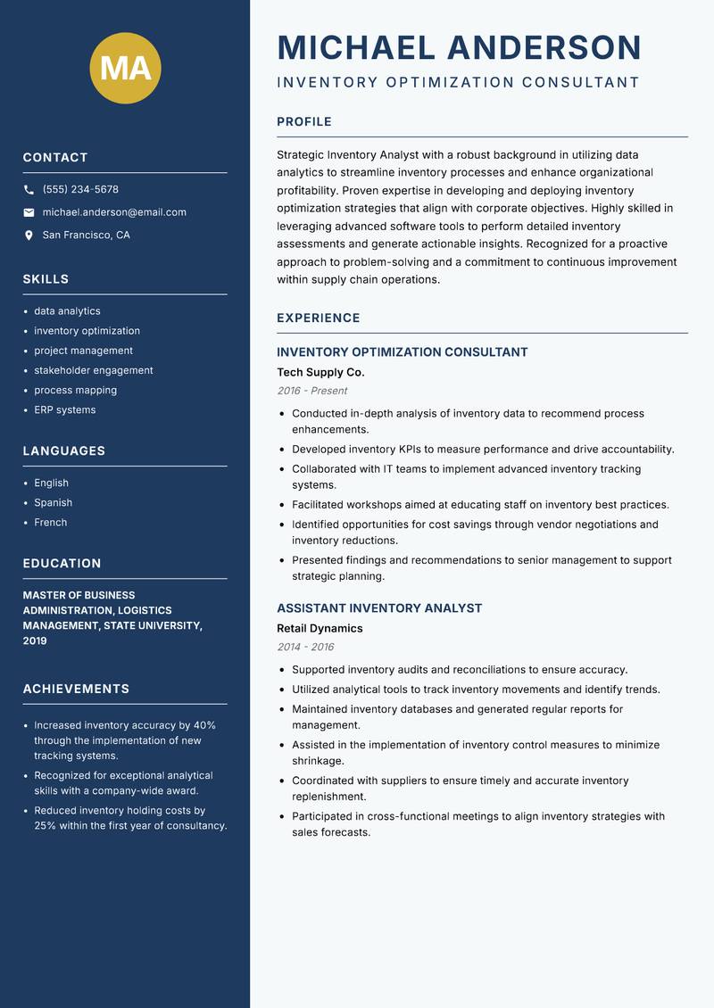 Inventory Analyst Resume Preview Example