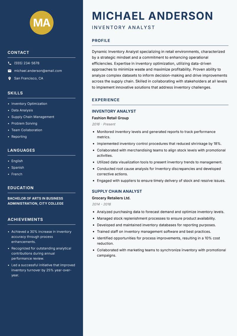 Inventory Analyst Retail Resume Preview Example