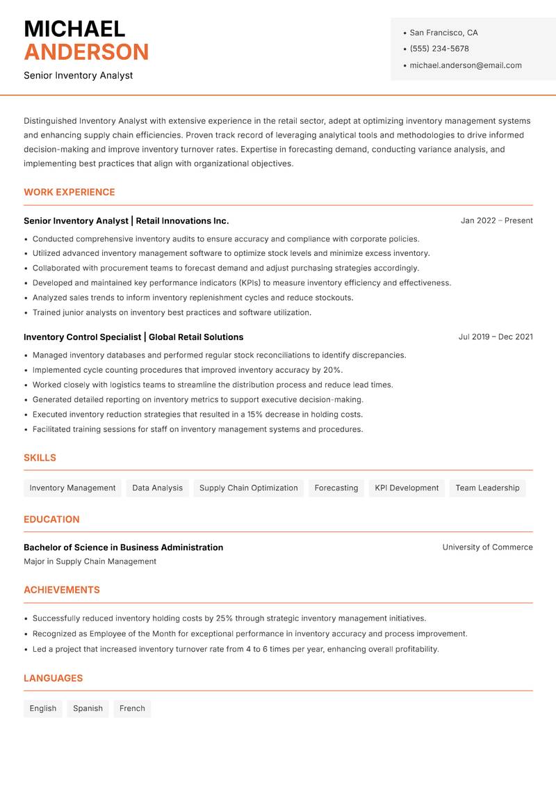 Inventory Analyst Retail Resume Template