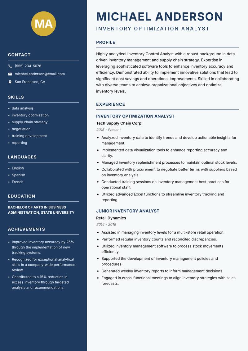 Inventory Control Analyst Resume Preview Example