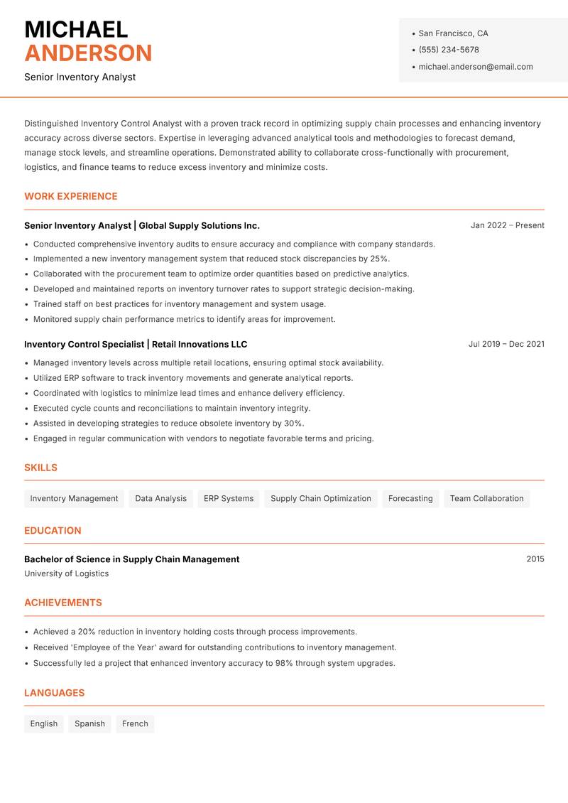 Inventory Control Analyst Resume Template