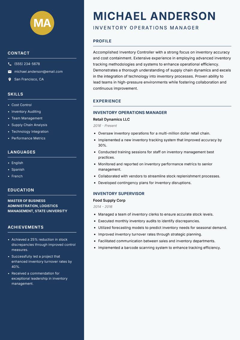 Inventory Controller Resume Preview Example