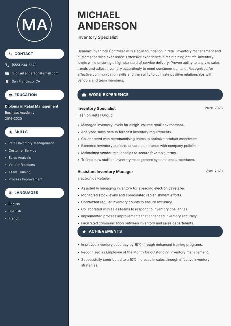 Inventory Controller Resume Preview Example