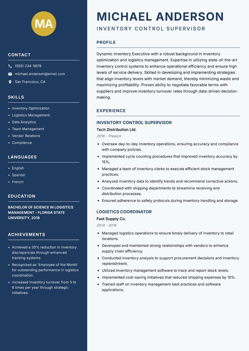 Inventory Executive Resume Preview Example