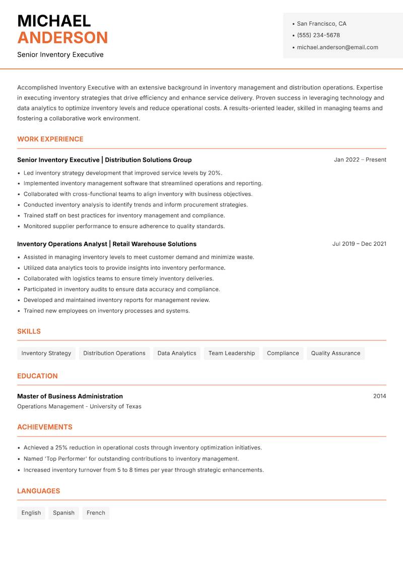 Inventory Executive Resume Template
