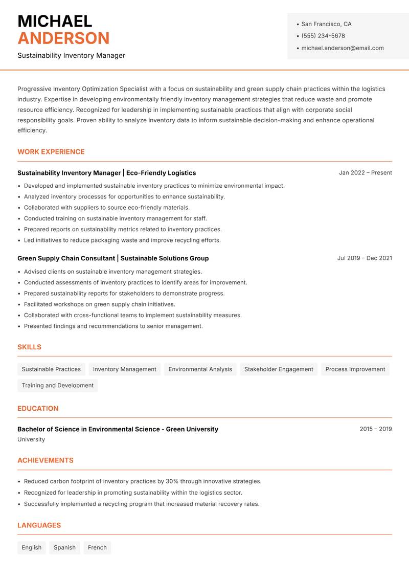 Inventory Optimization Specialist Resume Template
