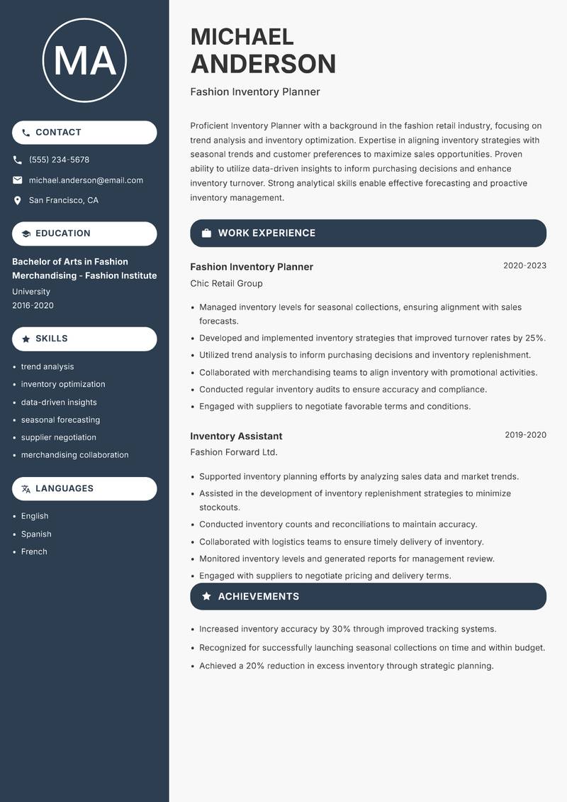 Inventory Planner Resume Preview Example