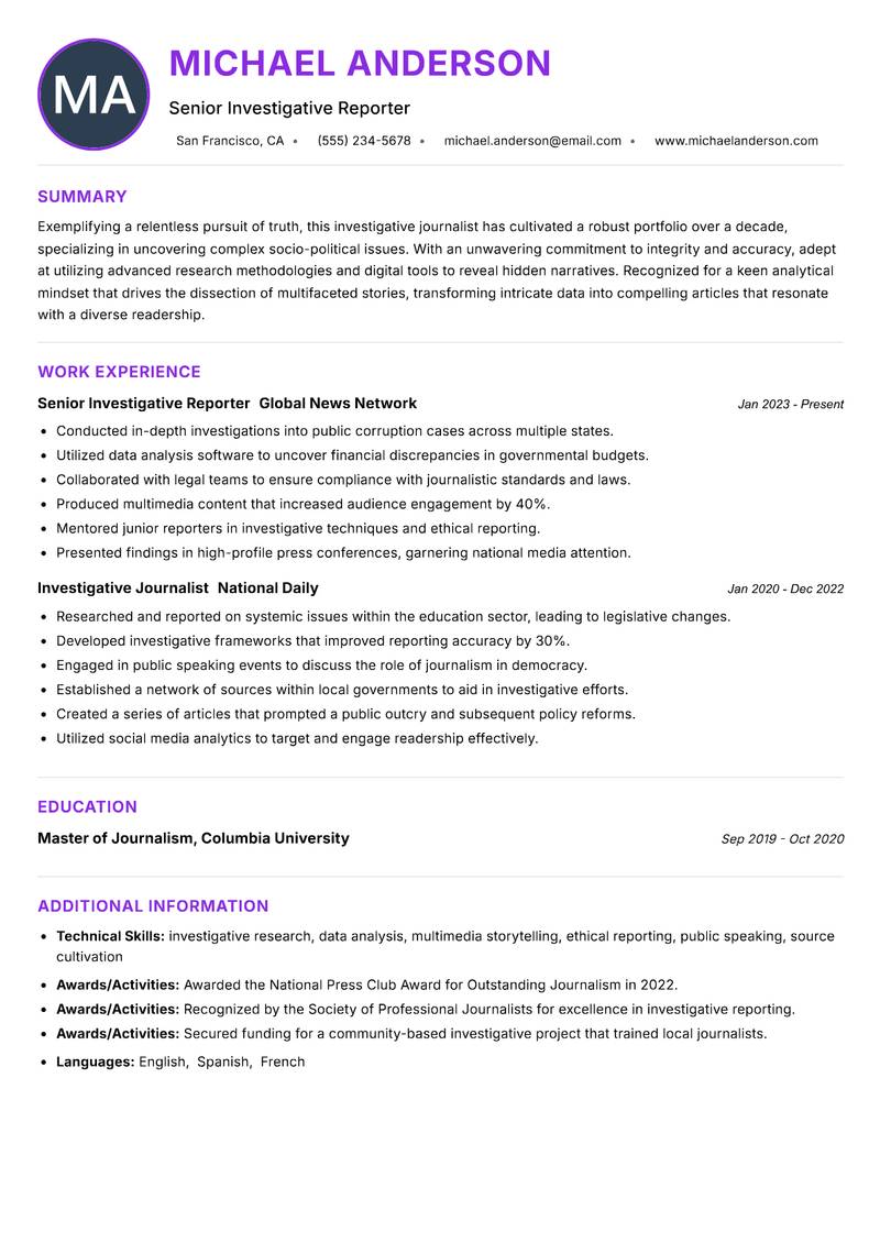 Investigative Journalist Resume Preview Example