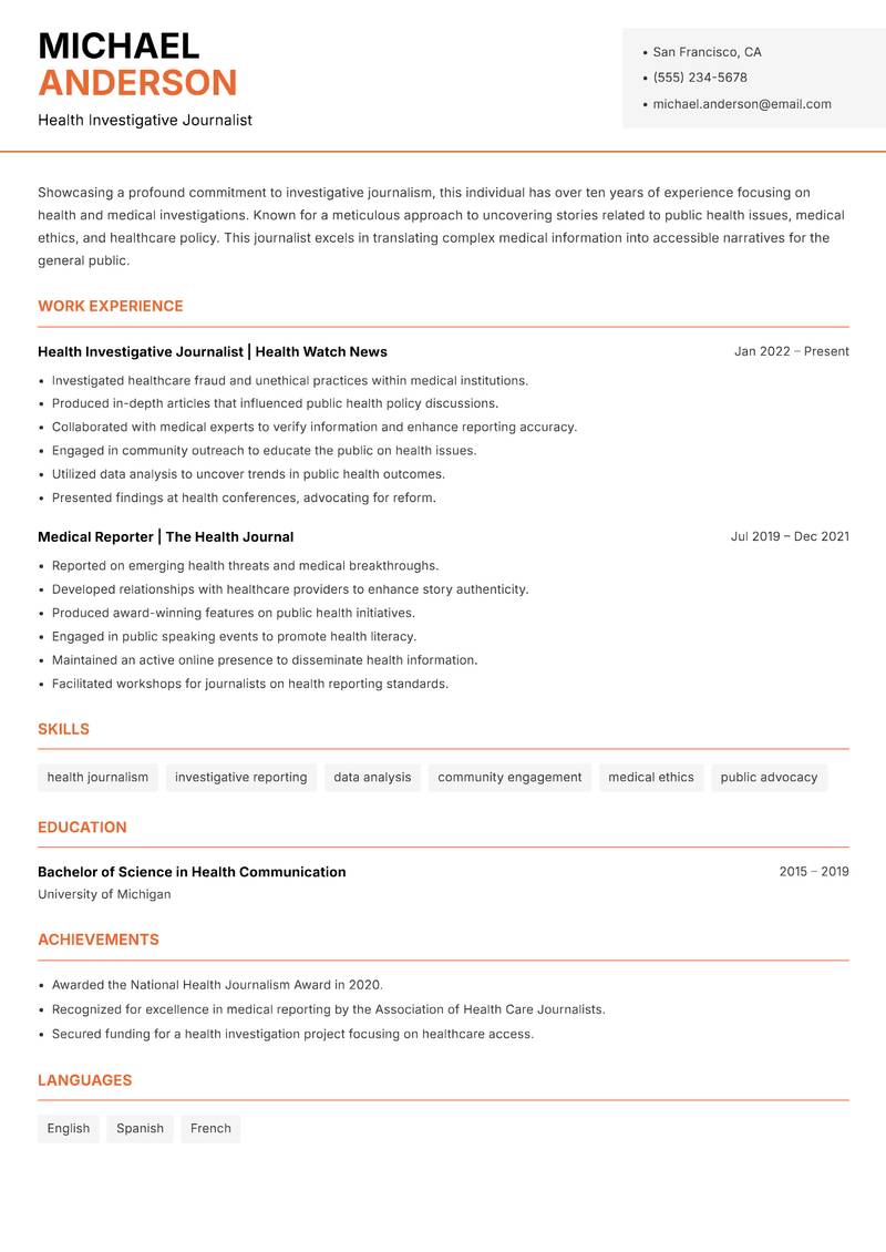 Investigative Journalist Resume Template