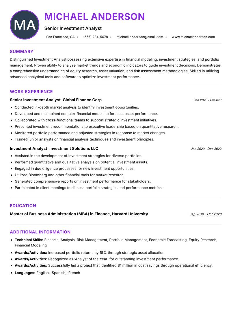 Investment Analyst Resume Preview Example
