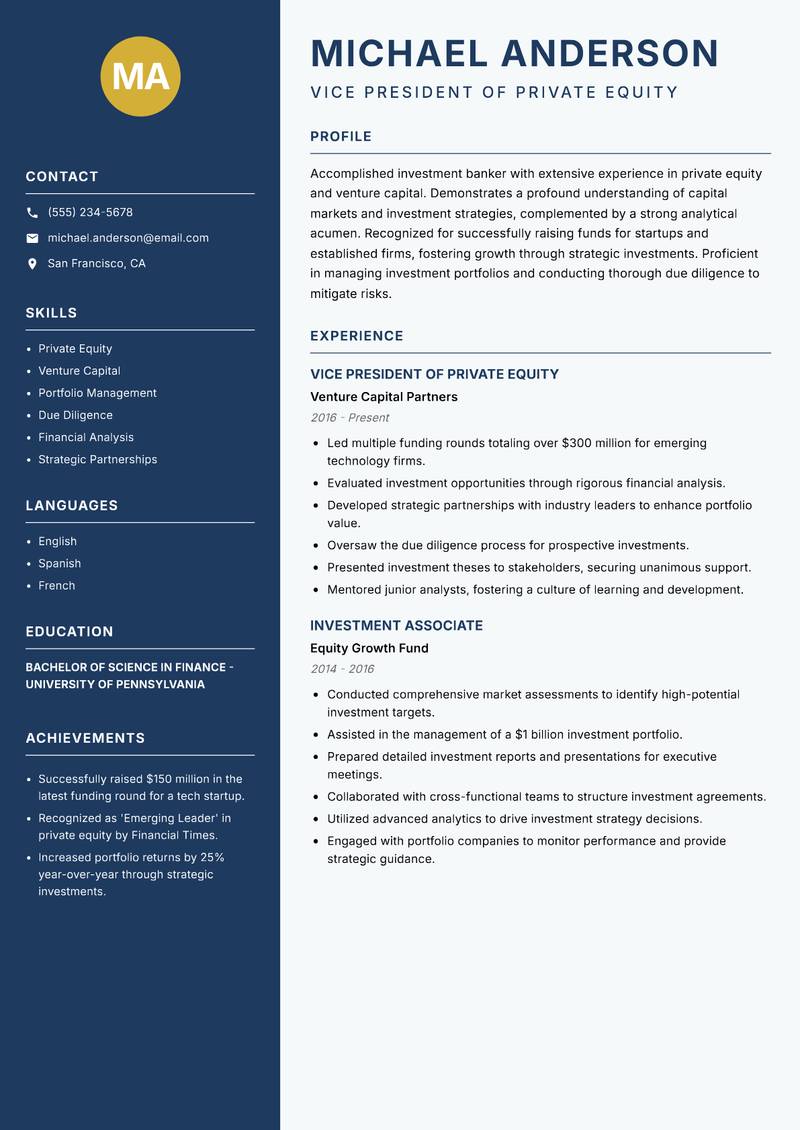 Investment Banker Resume Preview Example