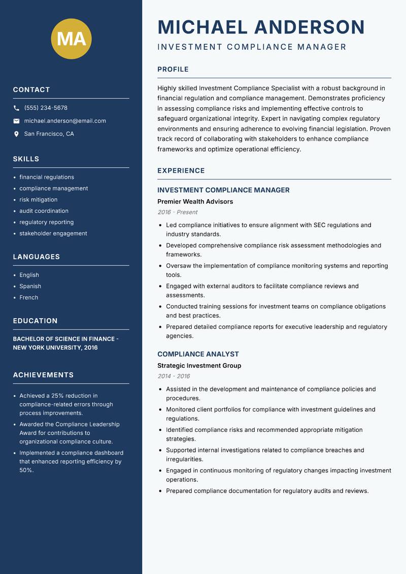 Investment Compliance Specialist Resume Preview Example