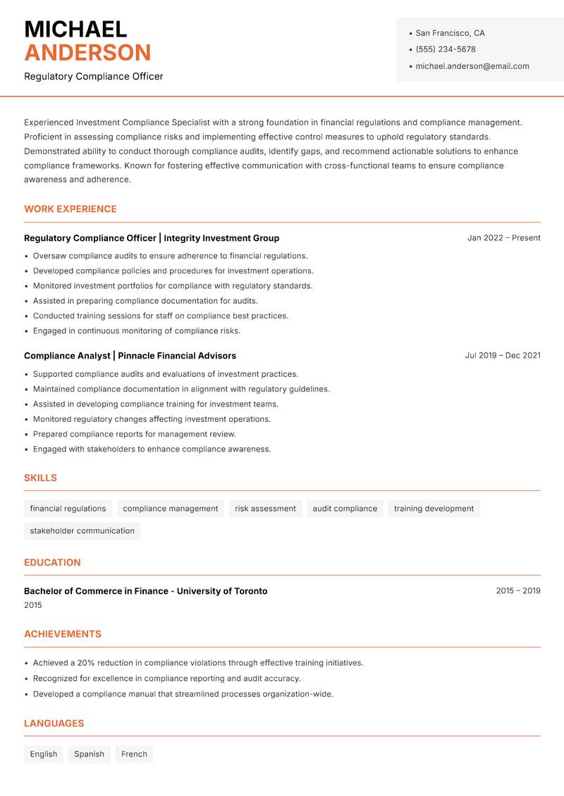 Investment Compliance Specialist Resume Template