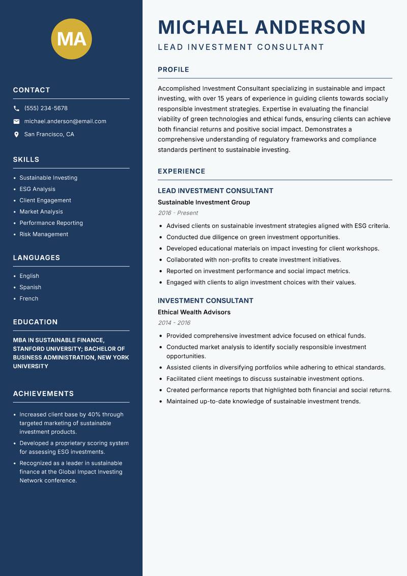 Investment Consultant Resume Preview Example