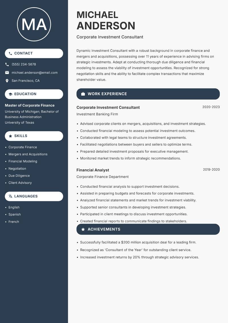 Investment Consultant Resume Preview Example