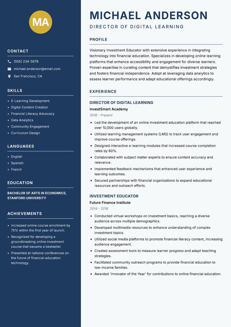 Investment Educator Resume Preview Example