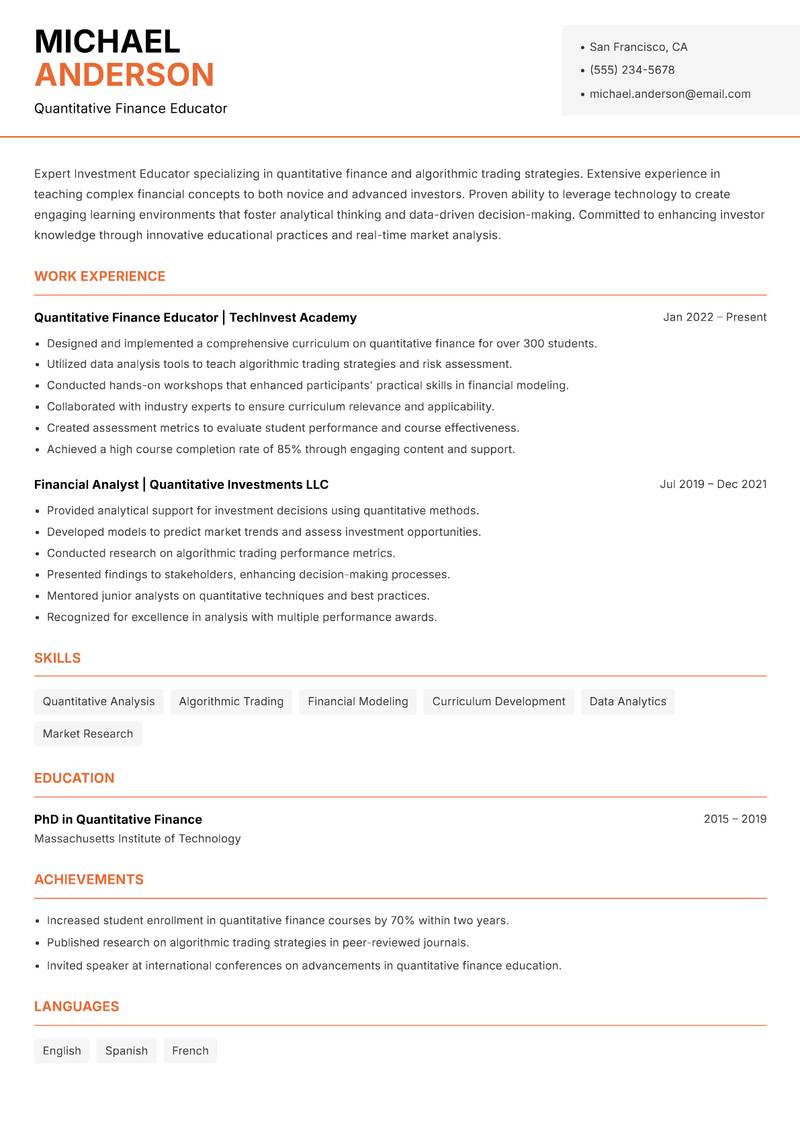 Investment Educator Resume Template