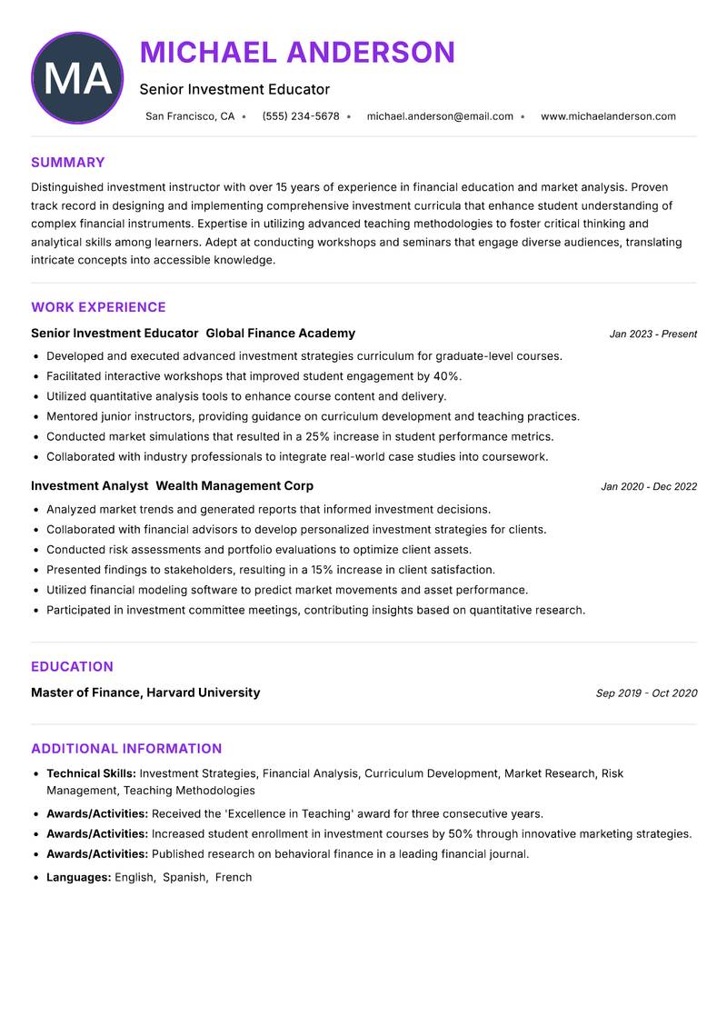 Investment Instructor Resume Preview Example