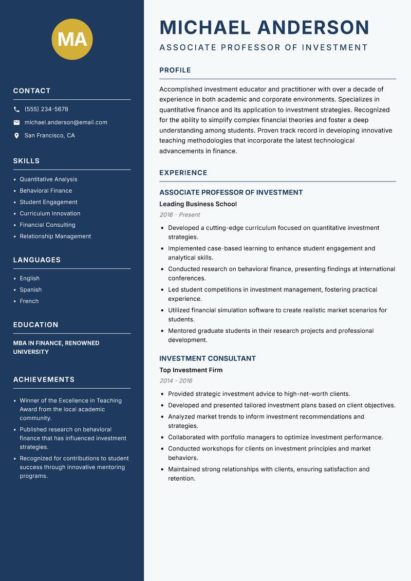 Investment Lecturer Resume Preview Example