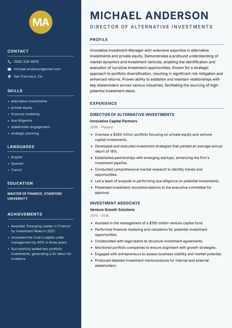 Investment Manager Resume Preview Example