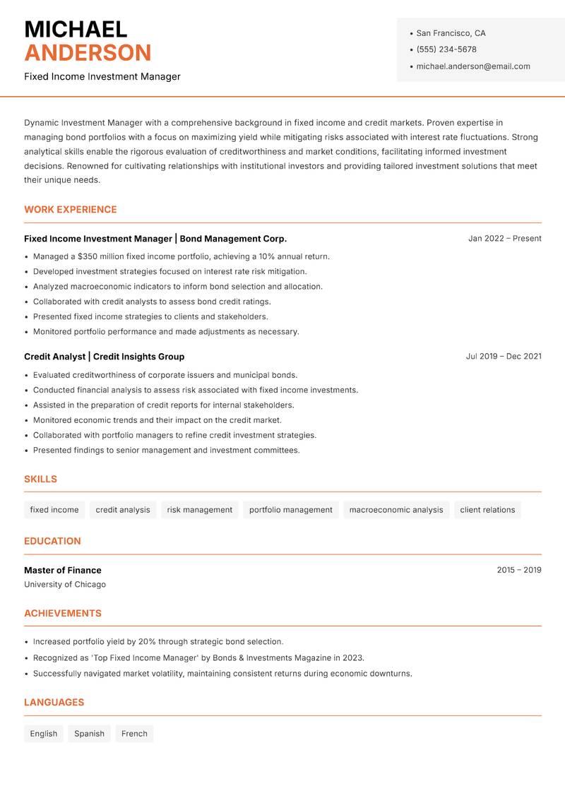 Investment Manager Resume Template