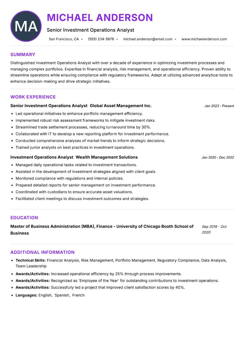 Investment Operations Analyst Resume Preview Example