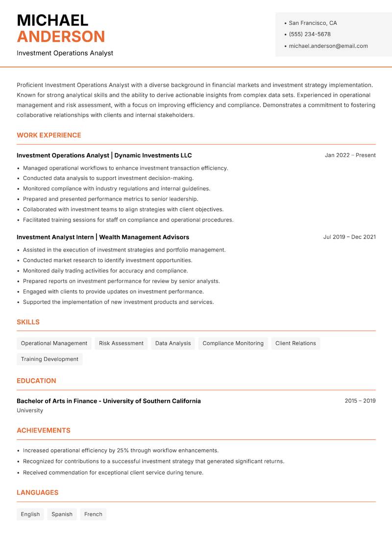 Investment Operations Analyst Resume Template
