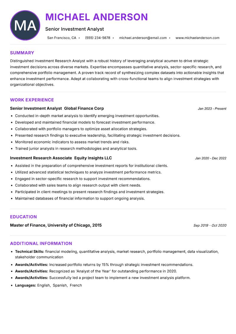 Investment Research Analyst Resume Preview Example