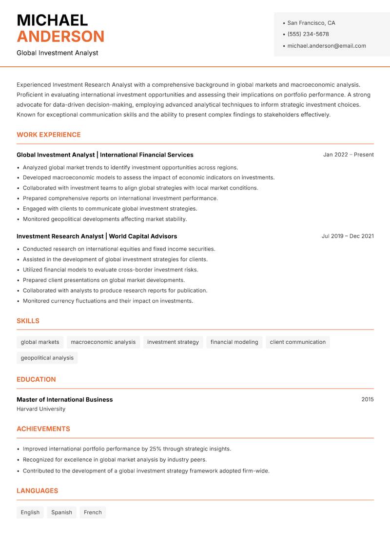 Investment Research Analyst Resume Template