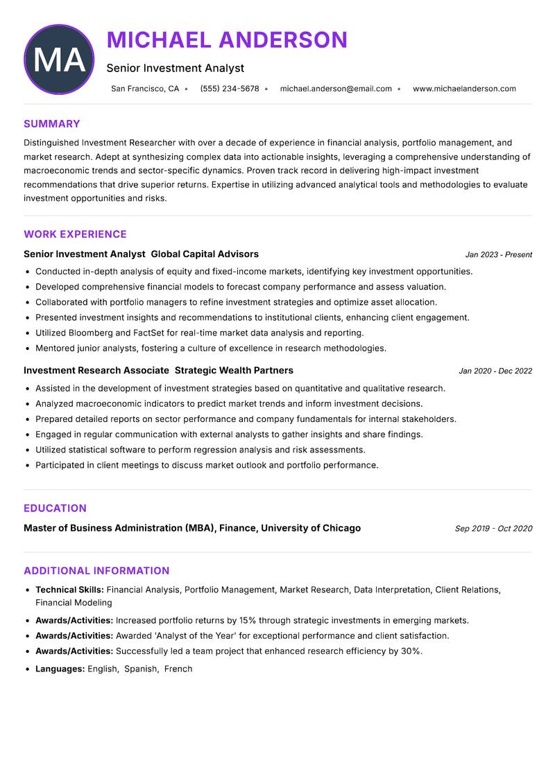 Investment Researcher Resume Preview Example
