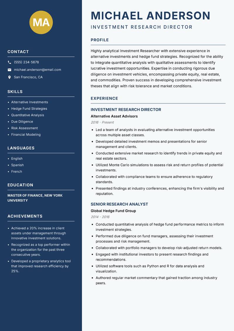 Investment Researcher Resume Preview Example