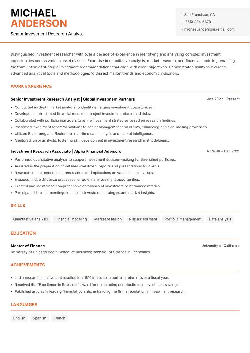 Investment Researcher Resume Template
