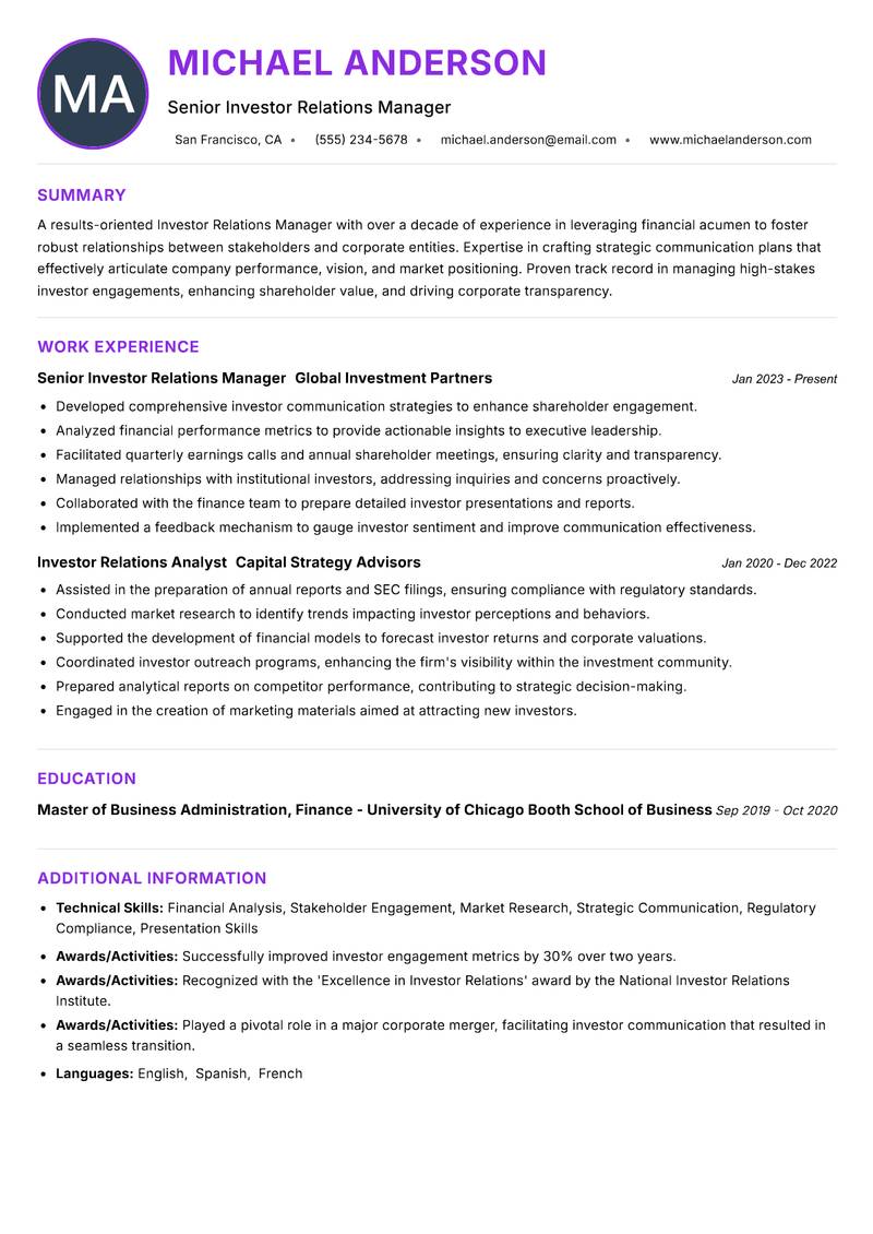 Investor Relations Manager Resume Preview Example