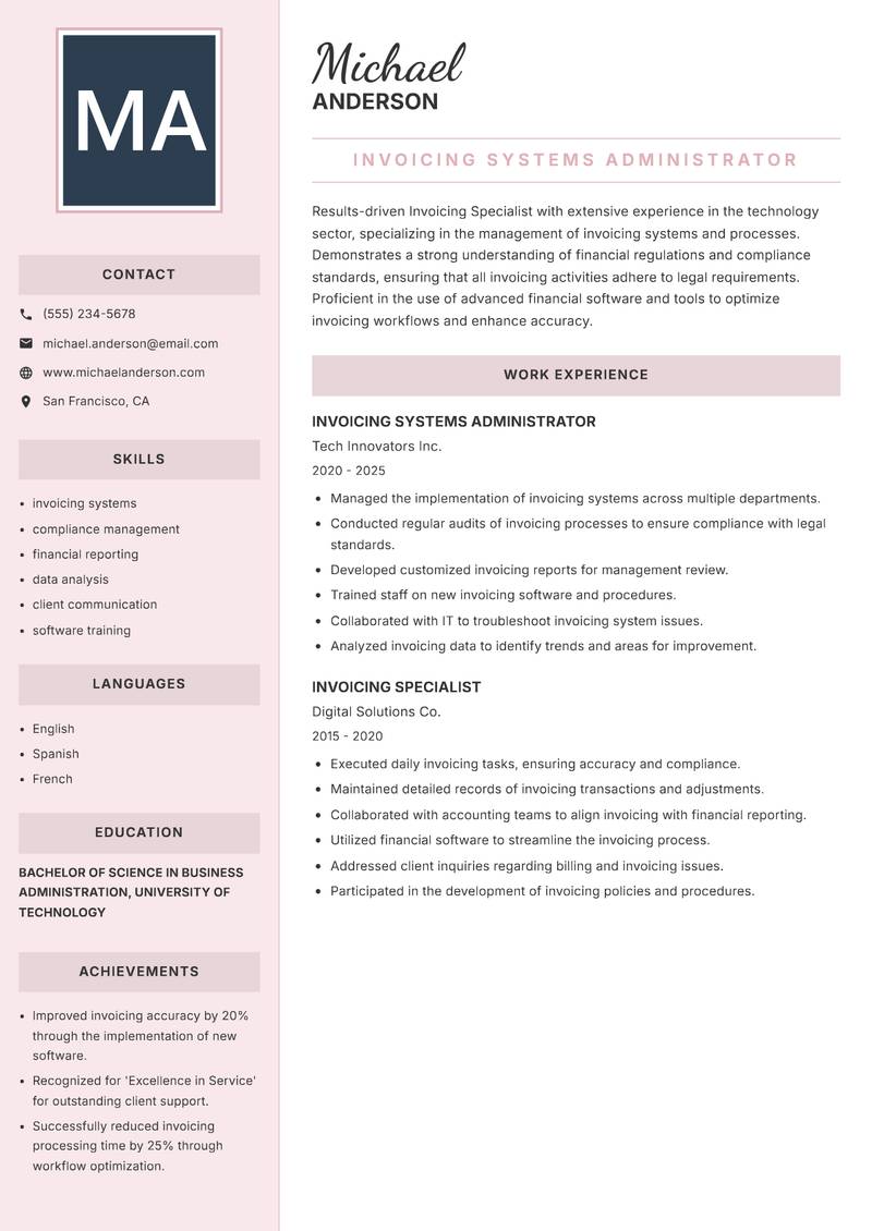 Invoicing Specialist Resume Preview Example