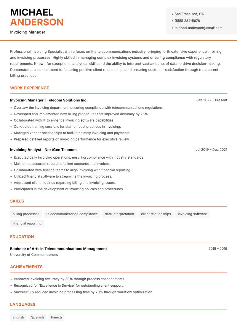 Invoicing Specialist Resume Template