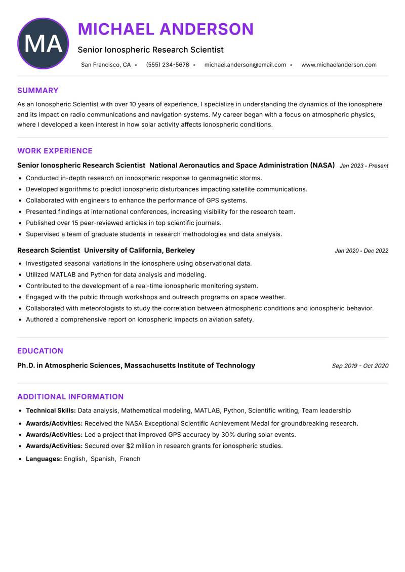 Ionospheric Scientist Resume Preview Example