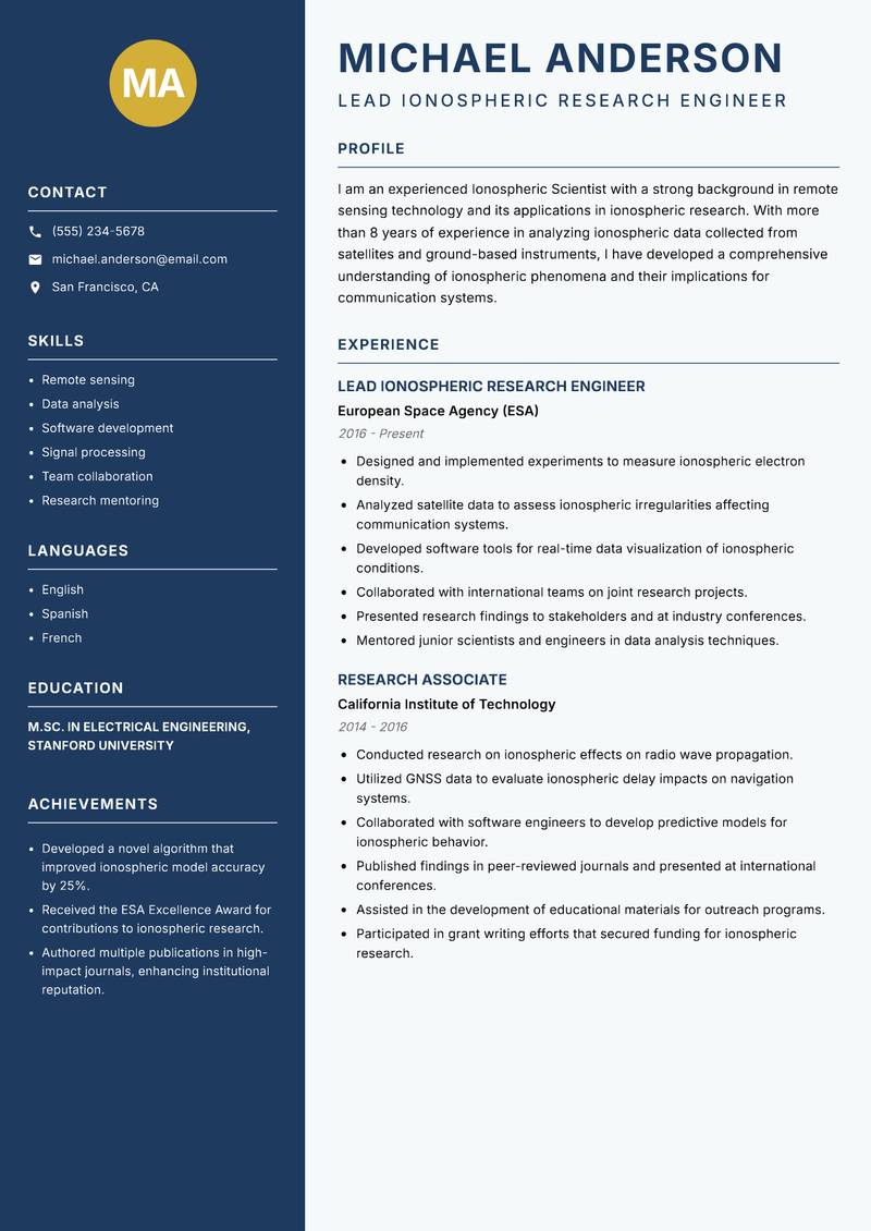 Ionospheric Scientist Resume Preview Example