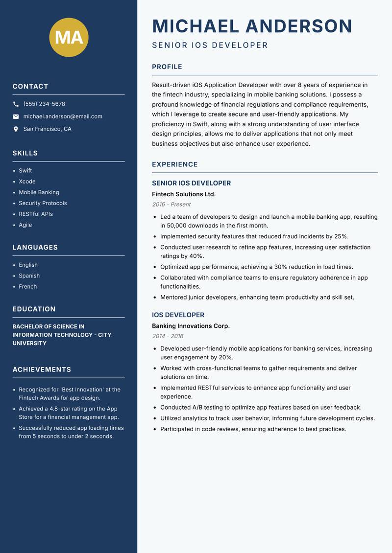 iOS Application Developer Resume Preview Example