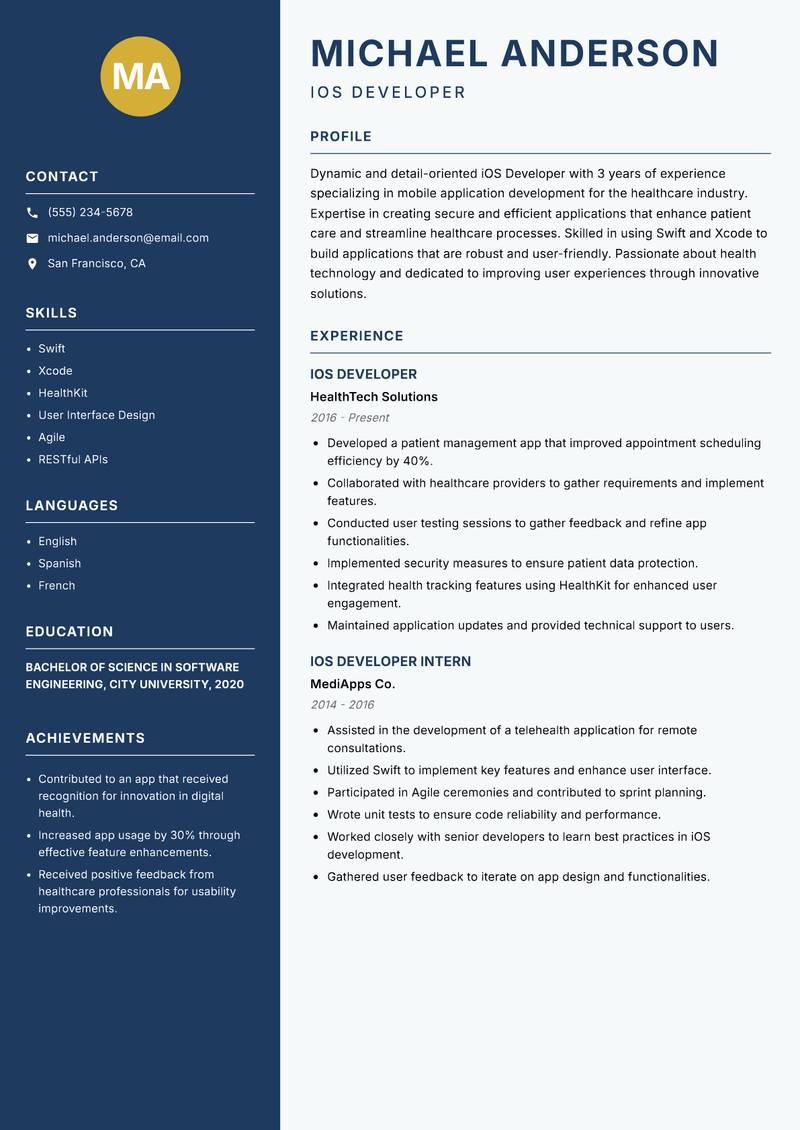 iOS Developer Resume Preview Example