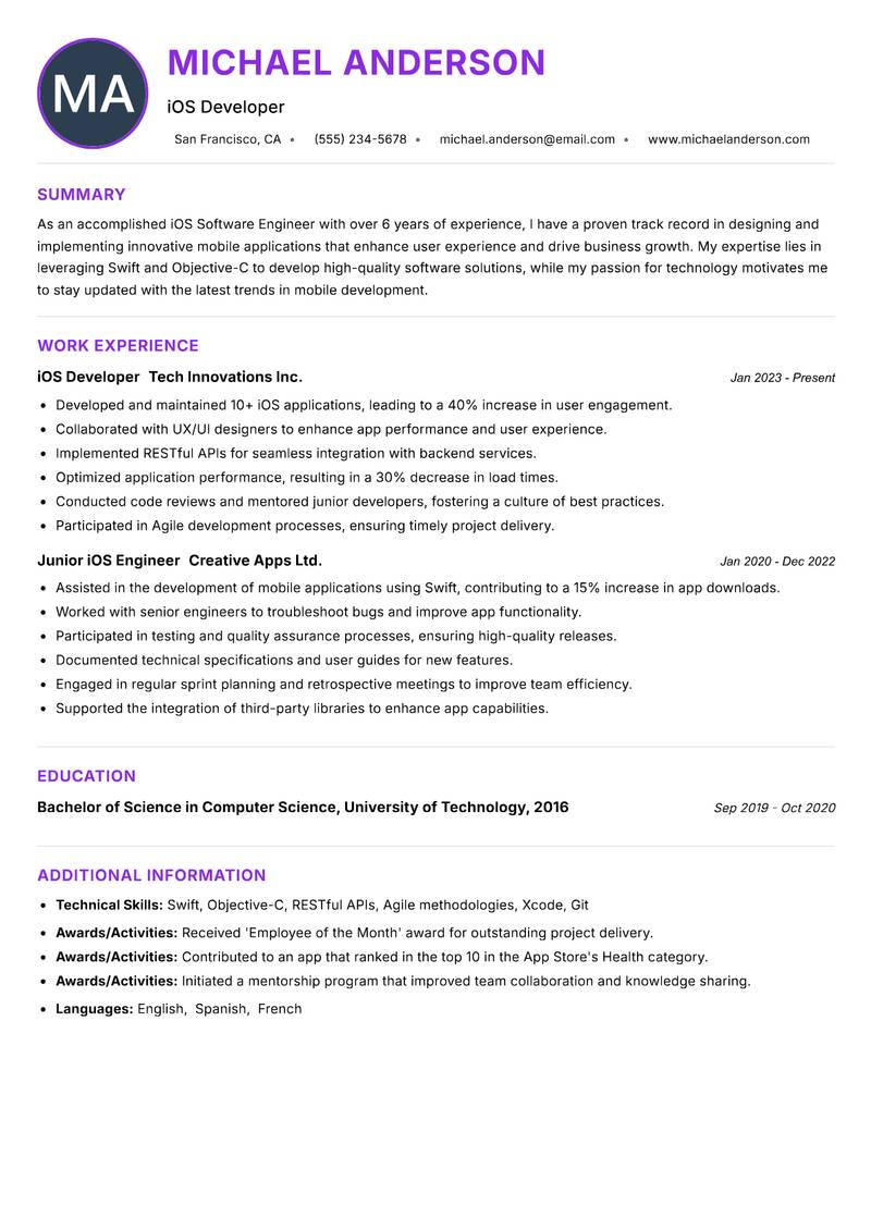 iOS Software Engineer Resume Preview Example