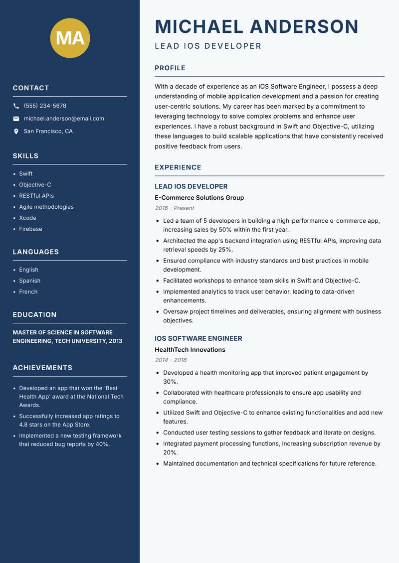 iOS Software Engineer Resume Preview Example