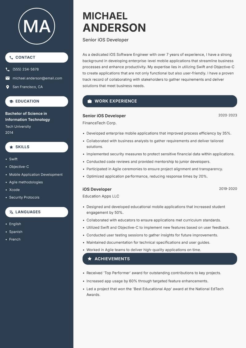 iOS Software Engineer Resume Preview Example