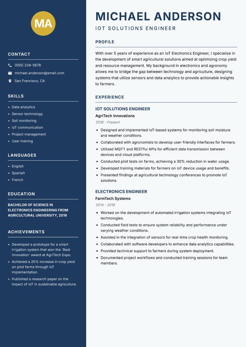 IoT Electronics Engineer Resume Preview Example
