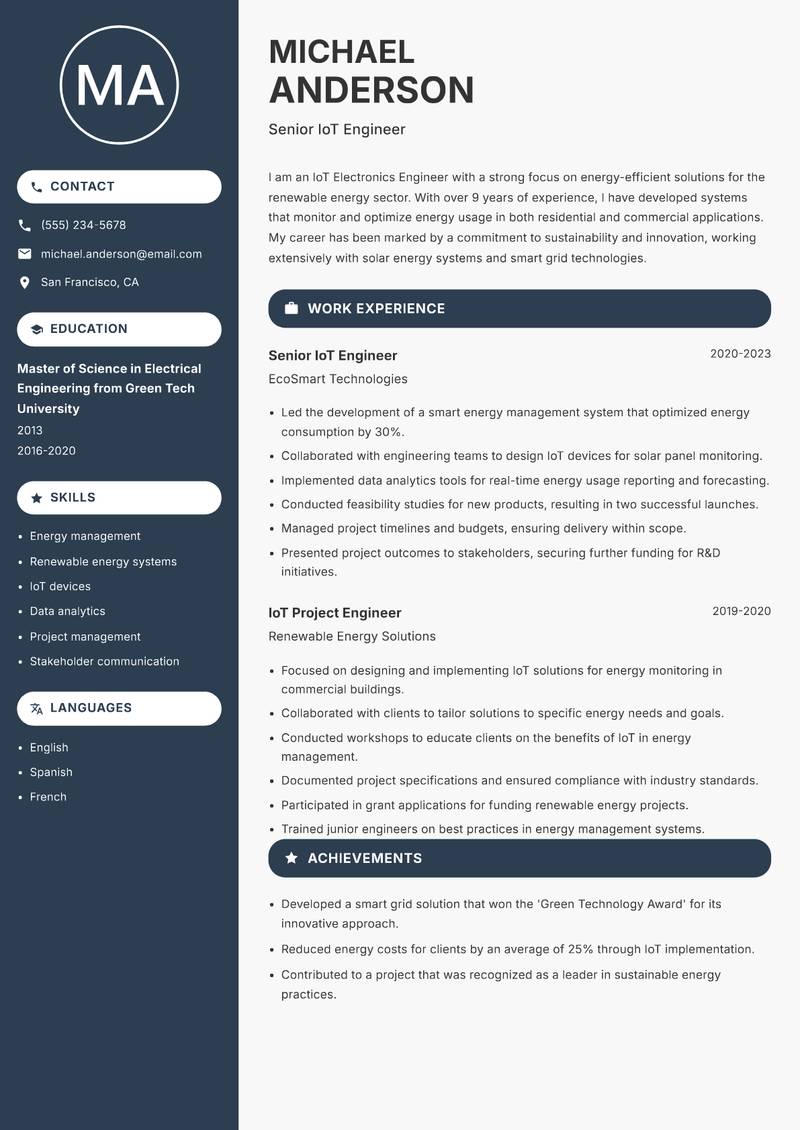 IoT Electronics Engineer Resume Preview Example