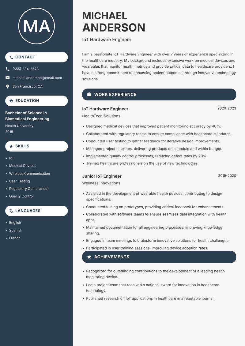 IoT Hardware Engineer Resume Preview Example
