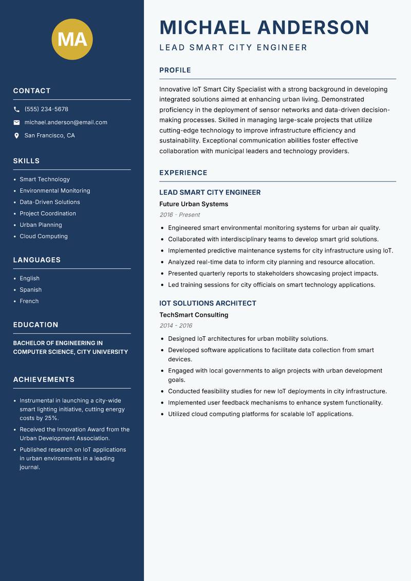 IoT Smart City Specialist Resume Preview Example